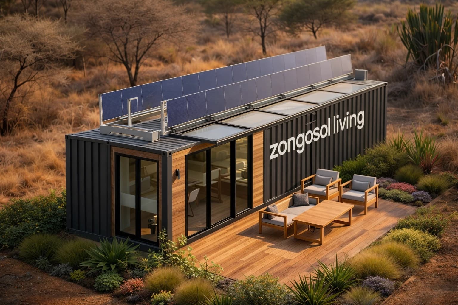 Zongosol container home with integrated solar panels in a tropical setting