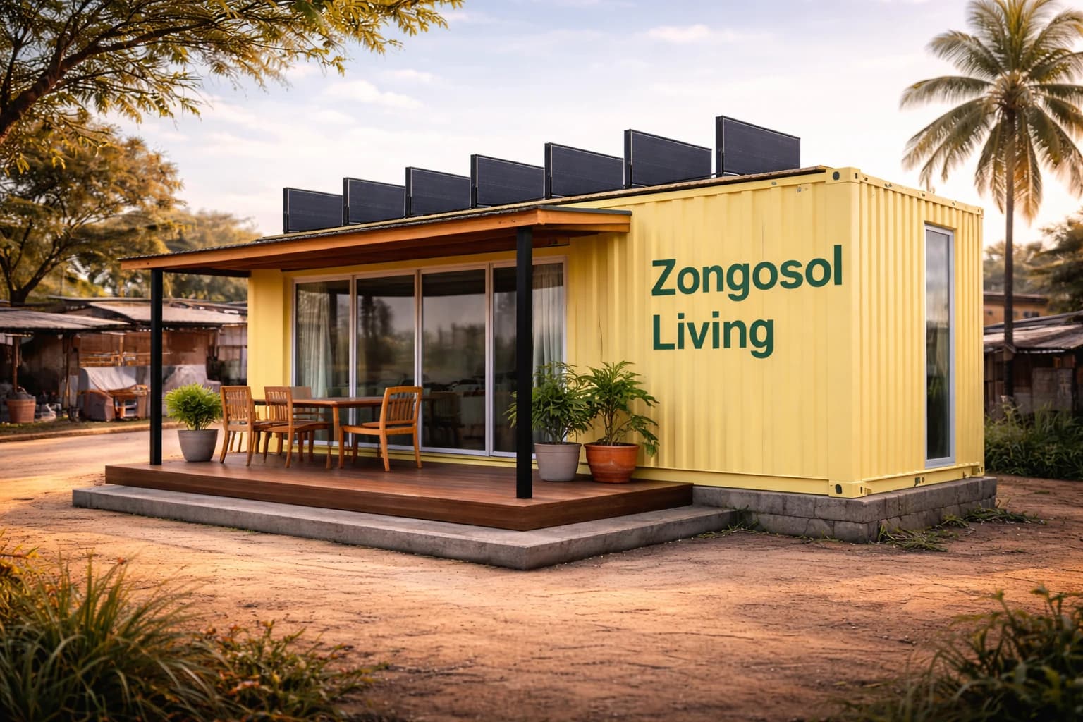 Vertical solar panels mounted on a Zongosol container home