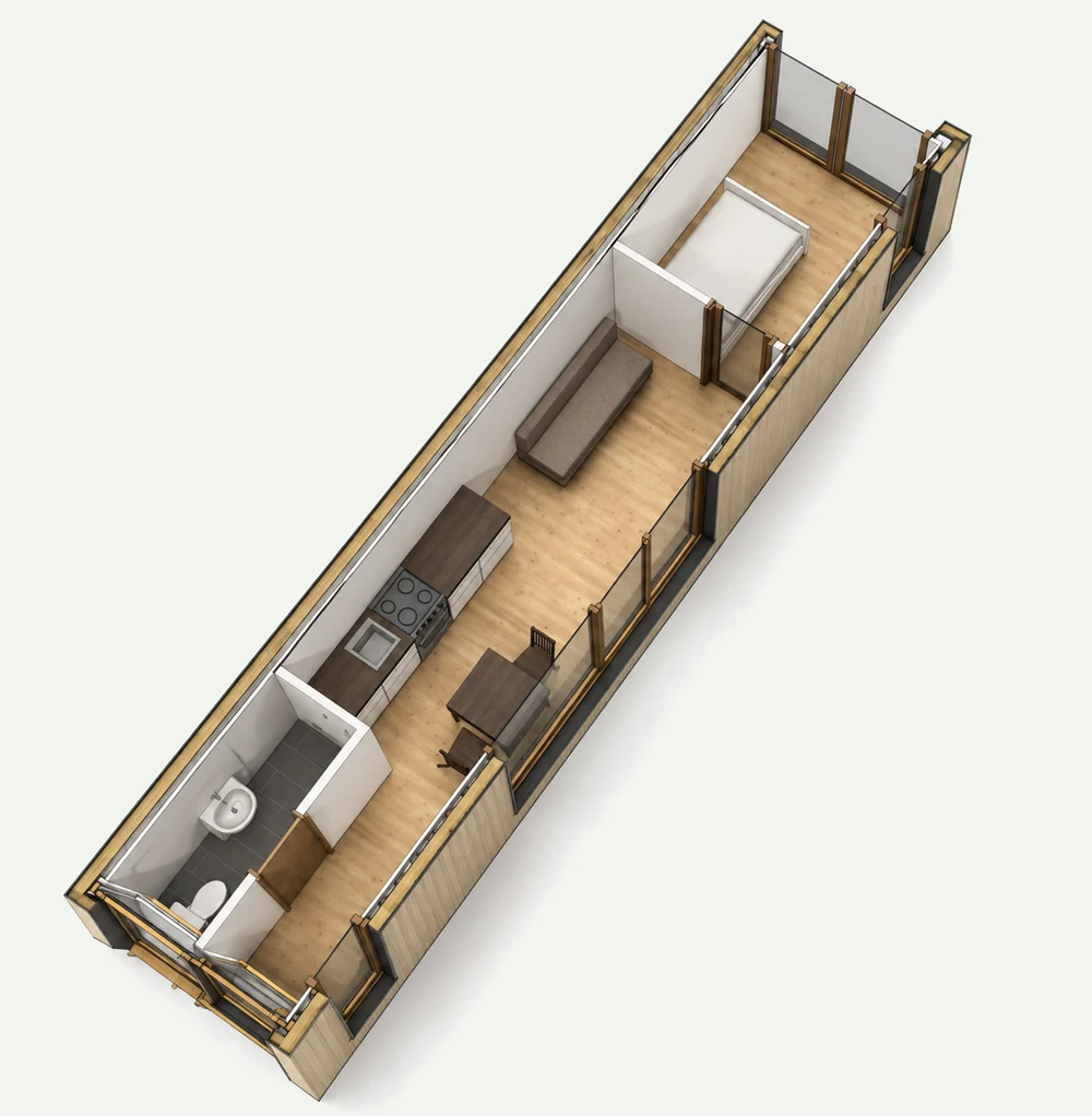 Cutaway aerial view of a Zongosol home with the roof removed, showing the full floor layout