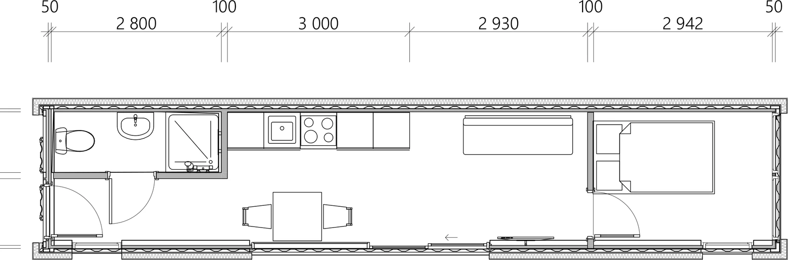 Dimensioned floor plan of a Zongosol home, 11,872 mm overall length