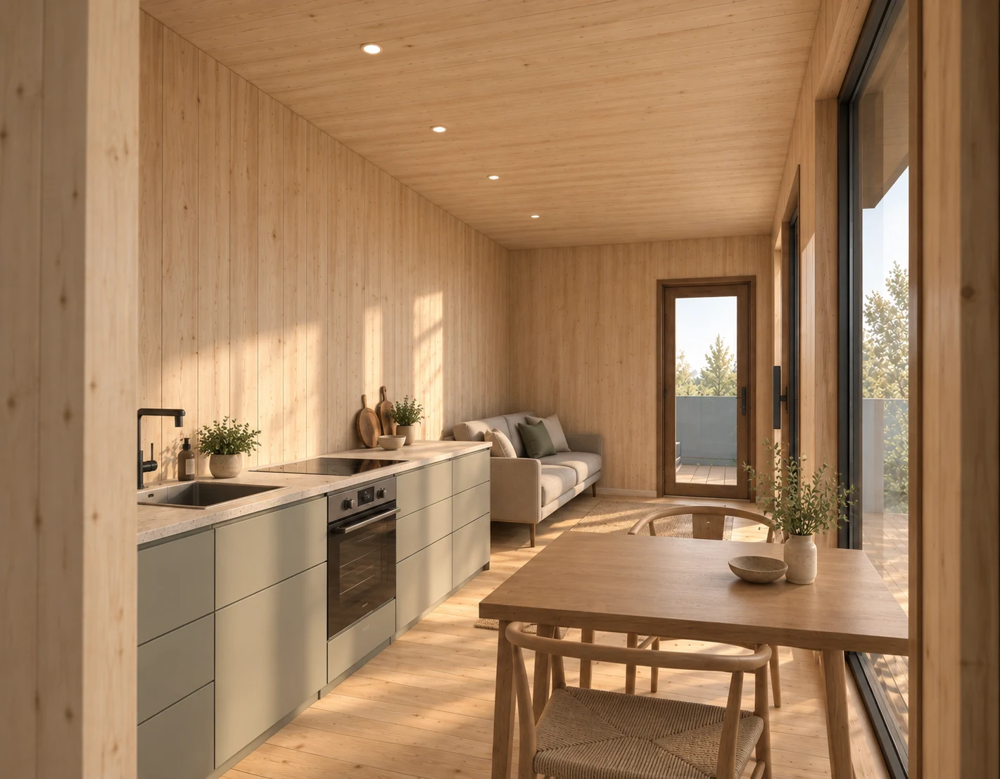 Photorealistic interior of a Zongosol home, showing the kitchen, dining and living area toward the terrace door